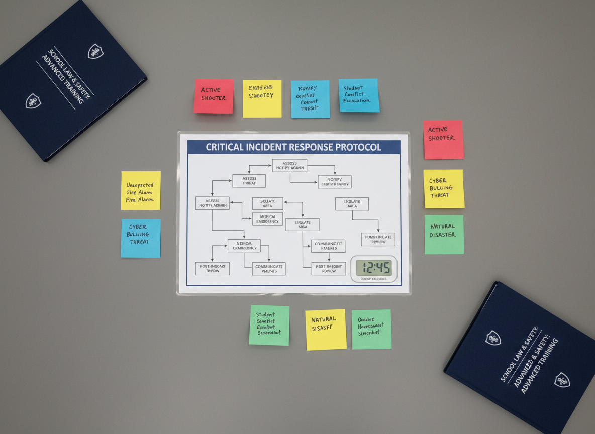 An overhead view of a structured workshop scene dedicated to handling critical incidents at school, laid out on a large, neutral grey conference table. Centered is a laminated response protocol chart with clear steps and decision paths, surrounded by color‑coded sticky notes forming clusters of example scenarios. Two closed, identically branded training manuals in navy blue with discreet white titles anchor opposite corners of the frame, creating visual balance. A digital timer with a calm, minimal interface sits near the chart, suggesting timed group exercises. Even, soft studio‑like lighting reduces harsh shadows, emphasizing clarity and legibility. Photographic realism, clean corporate aesthetic, top‑down composition with strong geometric order, evoking systematic, reliable preparation for complex school law and safety situations.