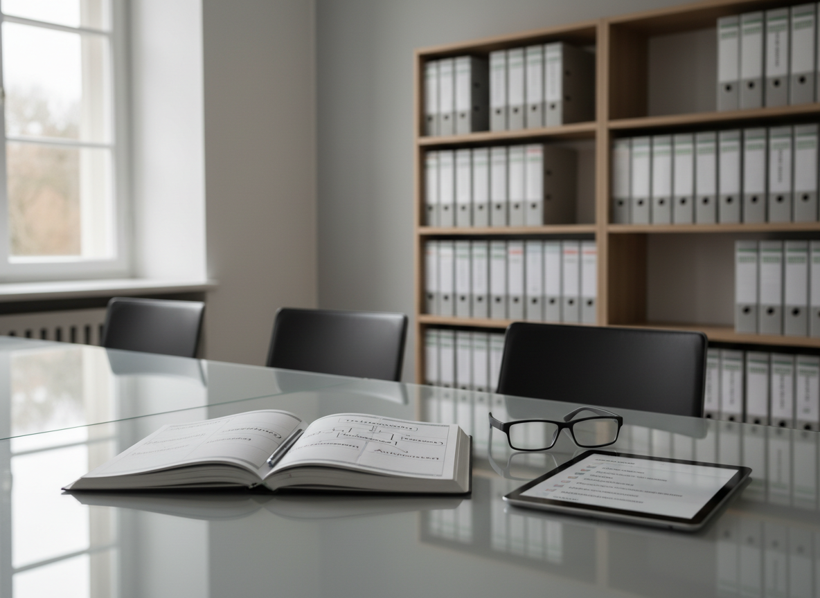 A clean, glass‑topped meeting table in a school administration office, featuring a structured coaching plan for a leadership team. The central subject is an open planner with a weekly schedule labeled with sessions like “Dienstrecht Coaching”, “Fallbesprechung”, and “Konfliktmanagement”. Beside it lies a slim tablet displaying a tidy checklist interface, and a pair of rectangular, matte black reading glasses resting on the planner’s margin. The background includes a blurred bookshelf with orderly binders labeled “Schulrecht”, “Fortbildungen”, and “Dokumentation” in uniform typography. Cool, indirect natural light from a large window creates a serene, businesslike atmosphere with soft reflections on the glass. Photographic realism at eye level, balanced composition and neutral color scheme reinforcing professionalism and strategic planning.