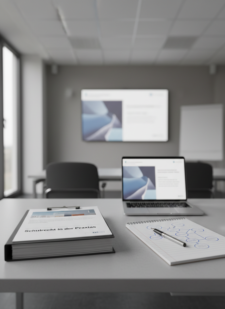 A minimalist educator’s desk in a conference room, centered on a stack of printed seminar materials titled “Schulrecht in der Praxis” in a clean sans‑serif font. The documents are clipped in a matte black folder beside a slim silver laptop, a lined notepad with a structured mindmap sketched in blue ink, and a precisely placed metal pen. The desk surface is smooth, light grey with subtle texture, set against a blurred background of a wall‑mounted screen showing an abstracted presentation slide in soft blues and greys. Neutral overhead lighting combines with faint window light, creating even illumination and soft reflections. Photographic realism with balanced composition and shallow depth of field, conveying a focused, professional, preparation‑for‑training atmosphere.