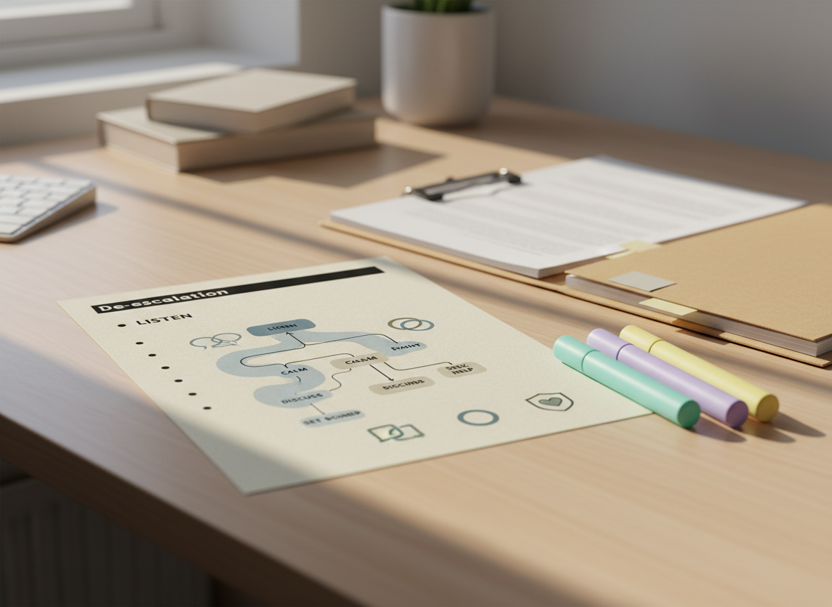 A close‑up of a carefully designed workshop handout on conflict and violence prevention lying on a smooth, light wood table. The handout features clearly structured bullet points, a simple flowchart of de‑escalation steps in muted blues, and discreet icons representing communication, boundaries, and safety. Next to it, a set of three pastel highlighters is arranged parallel, and adhesive page flags in neutral shades mark important sections in a nearby open folder. Soft afternoon daylight from an unseen window grazes the surface at a low angle, creating gentle shadows and subtle paper texture. Photographic realism, shot from a slightly elevated angle with shallow depth of field, background fading into a calm blur of neutral office elements, evoking focused, methodical preparation for sensitive school situations.