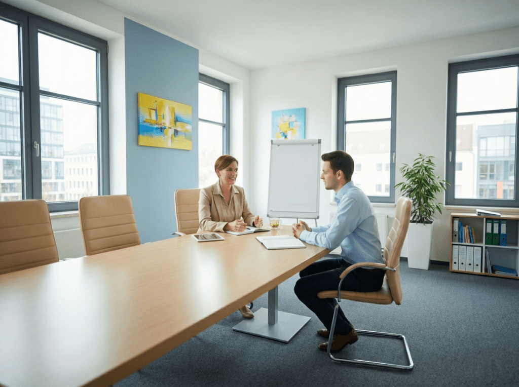 Professionelle, ruhige und positive Coaching-Situation mit Lehrkrterin und Schler in einem modernen Besprechungsraum, Fokus auf Resilienz und Stacrkung, helle freundliche Farben, serifses Business-Foto
