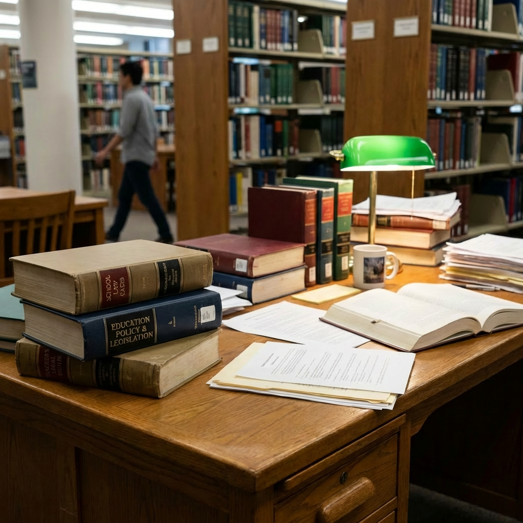 Desk with law books, papers, green lamp, and nameplate for REFFERENT PROF. A. CHEN.
