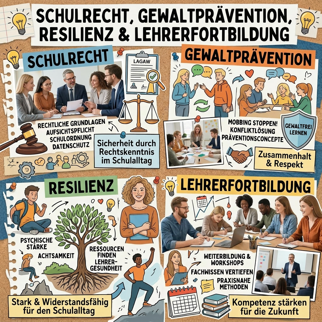 Sections on school law, violence prevention, resilience, and teacher training with text and diverse people in meetings.